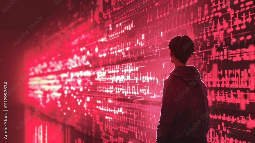 Digital immersion concept: man observing futuristic data display for cybersecurity innovation and technology design Digital immersion concept: man observing futuristic data display for cybersecurity innovation and technology design