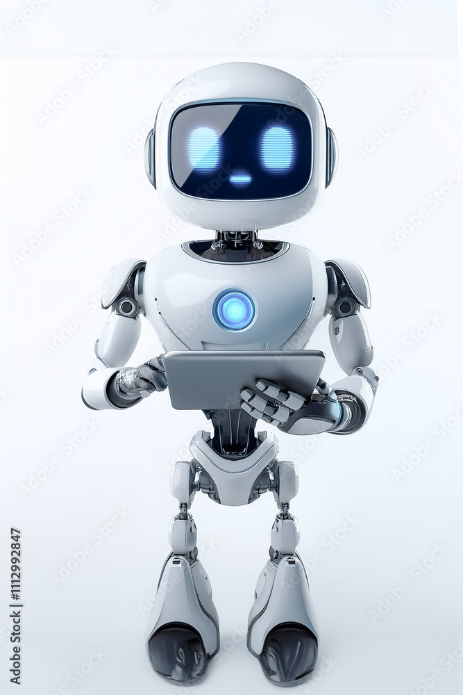 Cute AI robot using tablet while standing facing camera Cute AI robot using tablet while standing facing camera