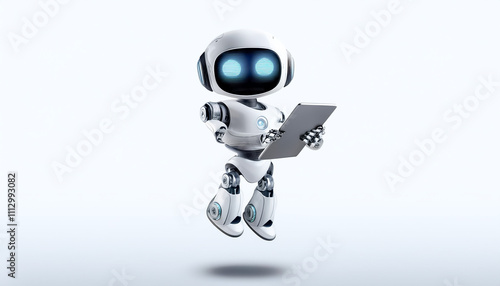 Cute AI robot using tablet while standing facing camera
