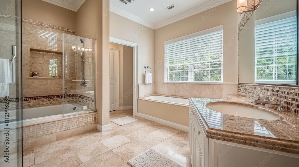 Fototapeta premium Bathroom with a glass shower, bathtub, light beige tiles, and white accents.