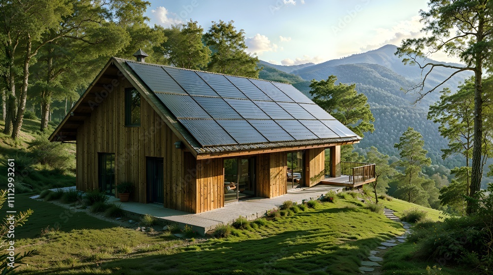 Modern wooden cabin with sunroof in a green mountainous landscape Modern wooden cabin with sunroof in a green mountainous landscape