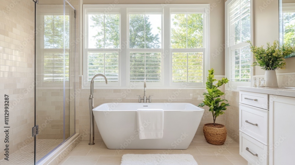 Bathroom with a glass shower, bathtub, light beige tiles, and white accents. Bathroom with a glass shower, bathtub, light beige tiles, and white accents.