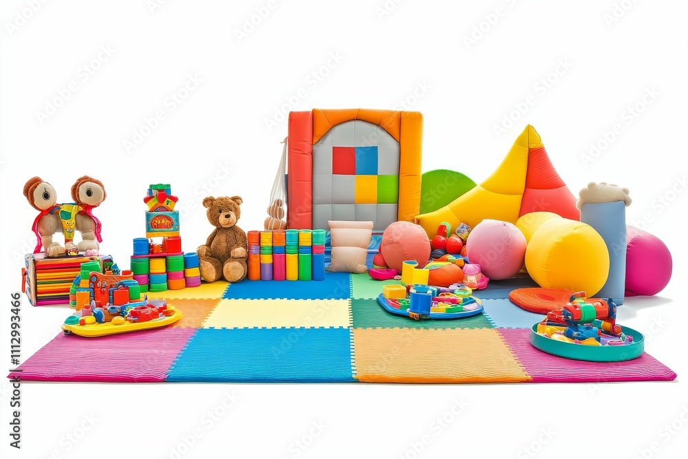Colorful play area: toys, mats, and soft seating. Colorful play area: toys, mats, and soft seating.