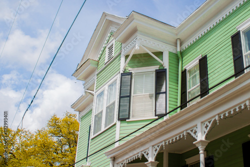 green building with black shutters and white details and yellow tree in background