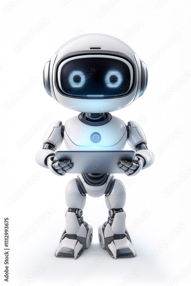 Cute AI robot using tablet while standing facing camera Cute AI robot using tablet while standing facing camera