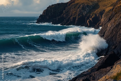 A rocky coastline with waves crashing against the shore, viewed from a clifftop for a dynamic seascape.