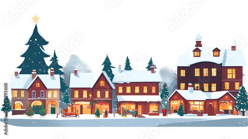 A miniature snowy village scene with lit-up houses and a Christmas market. Christmas Village