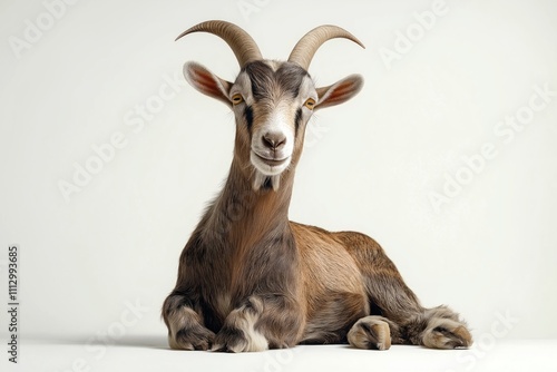 Full body shot of Javan goat on white background. Animal sits calmly. Religious significance of Eid Adha sacrifice in Islam implied. Photo suitable for Islamic culture, animal husbandry, religious photo