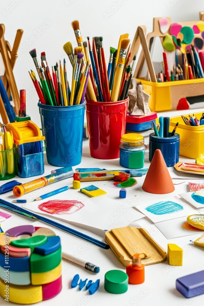 Colorful art supplies scattered on a white surface. Colorful art supplies scattered on a white surface.