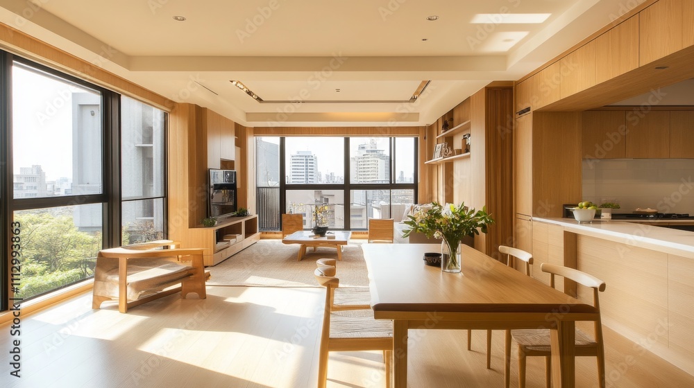 Fototapeta premium Bright apartment with muted tones, wooden panels, and a connected dining area