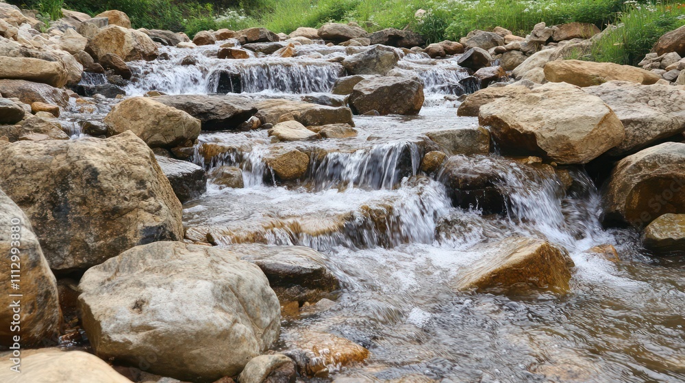 A rocky riverbed with small waterfalls cascading over stones, viewed from a low perspective for an immersive experience. A rocky riverbed with small waterfalls cascading over stones, viewed from a low perspective for an immersive experience.
