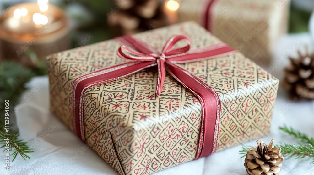 Gift wrapped in intricate pattern paper with a red ribbon, surrounded by pine cones and candles. Concept: festive, celebration, holiday. Gift wrapped in intricate pattern paper with a red ribbon, surrounded by pine cones and candles. Concept: festive, celebration, holiday.