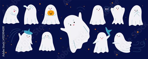 A set of cute flying ghosts expressing different emotions. Laughing, funny, scary and afraid characters. Vector illustration on isolated background
