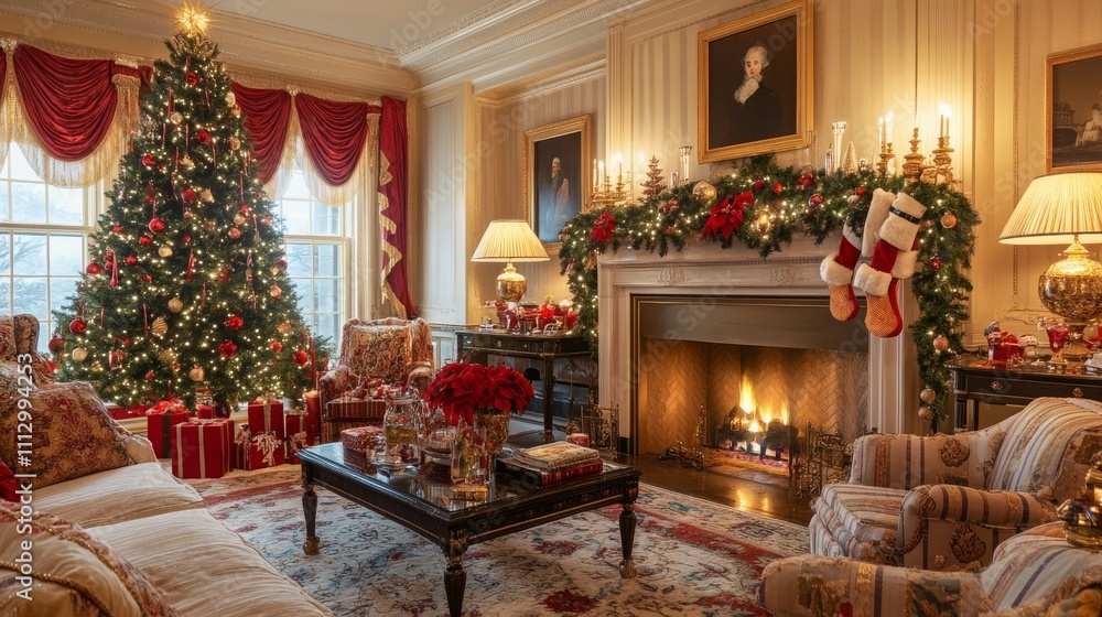 Classic living room decorated for Christmas Eve with a fireplace, tree, candles, and gifts. Classic living room decorated for Christmas Eve with a fireplace, tree, candles, and gifts.