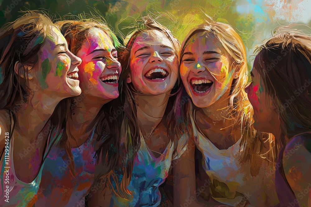 Fototapeta premium Five joyful girls sharing laughter and color in a vibrant, playful celebration of youth and friendship.