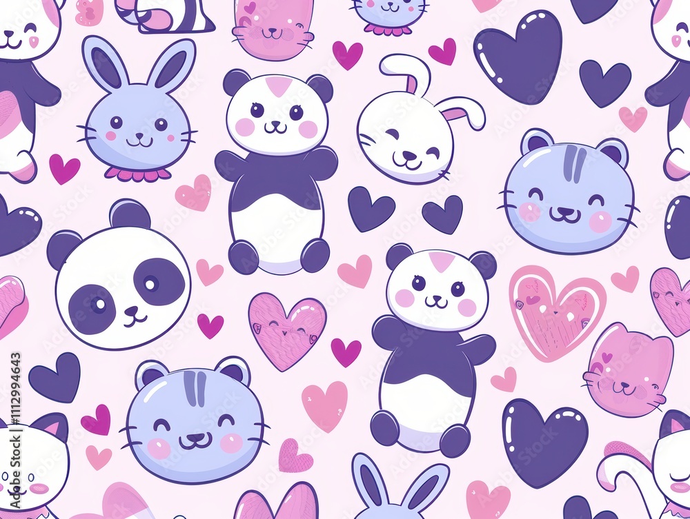 Obraz premium Cute cartoon animals and hearts in a playful pattern for decoration.