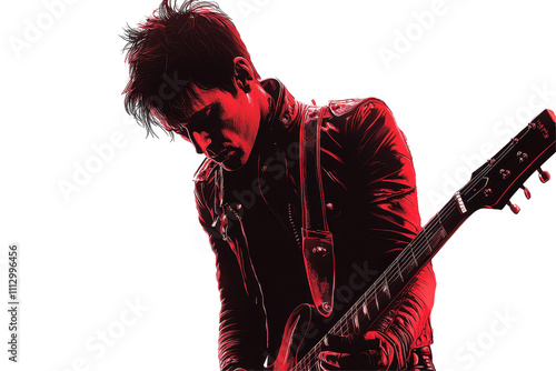 a young man with a guitar on a white background