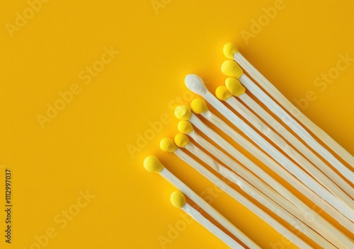 Matches on bright yellow background, showcasing various yellow heads, ideal for creative projects and concepts related to fire, brightness, and warmth photo