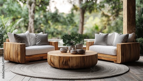 Tranquil patio furniture set with wooden armchairs, round coffee table, and neutral cushions, overlooking lush greenery.