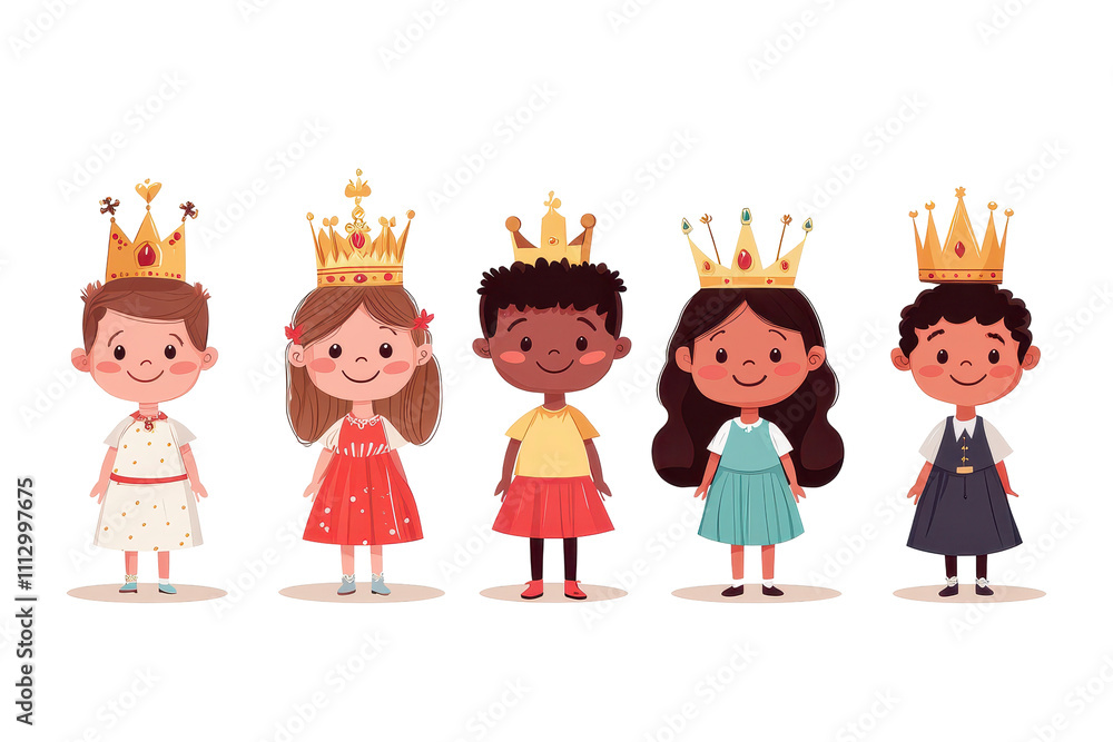 Children wearing royal king and queen costumes, looking regal Children wearing royal king and queen costumes, looking regal