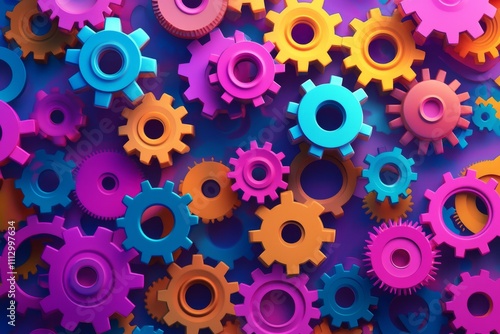 Colorful interlocking gears in vibrant shades of pink, blue, and orange create a lively, dynamic background.