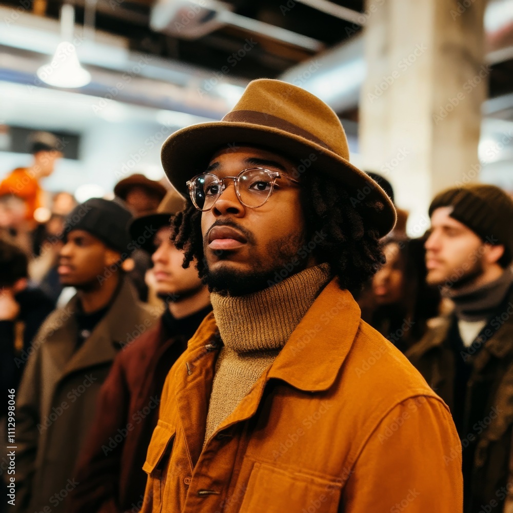 A young Black man with glasses and a brown hat stands out in a crowd, exuding a thoughtful expression amidst peers. A young Black man with glasses and a brown hat stands out in a crowd, exuding a thoughtful expression amidst peers.