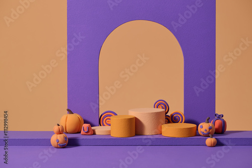 Colorful Halloween Display With Pumpkins and Spirals