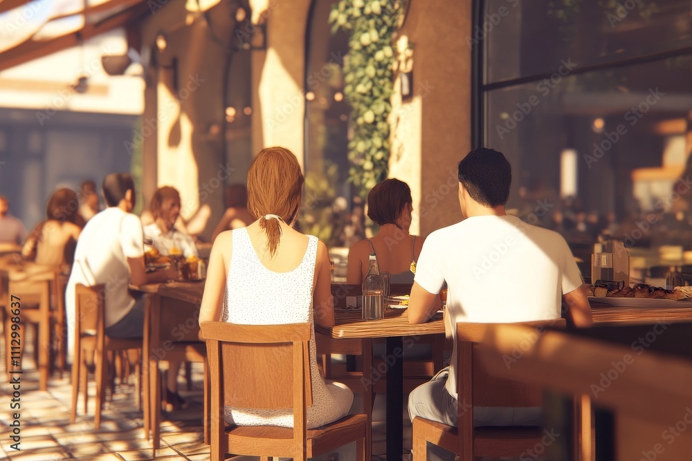A diverse group of people enjoying a sunny day at an outdoor caf�, showcasing a relaxed dining atmosphere. A diverse group of people enjoying a sunny day at an outdoor caf�, showcasing a relaxed dining atmosphere.