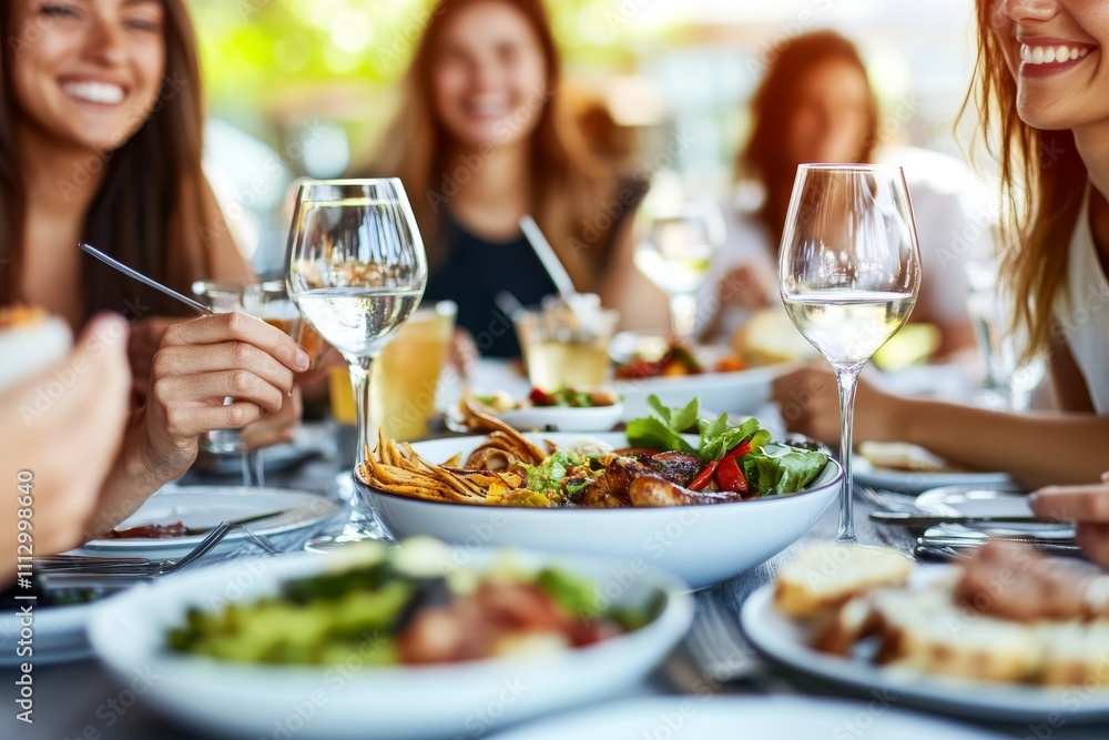 Group of diverse women enjoying a lively outdoor dinner with a vibrant spread of delicious food and drinks. Group of diverse women enjoying a lively outdoor dinner with a vibrant spread of delicious food and drinks.