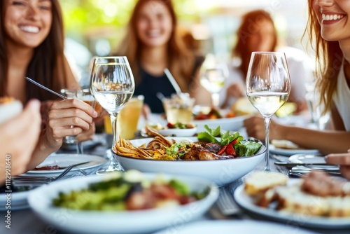 Group of diverse women enjoying a lively outdoor dinner with a vibrant spread of delicious food and drinks.