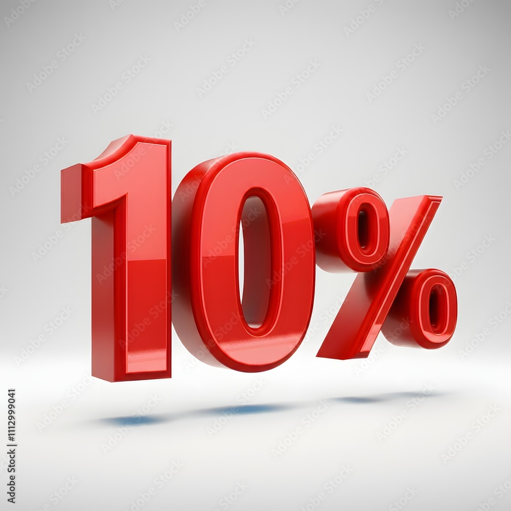 3D bold red text reading '10%' with a glossy finish and floating shadow effect, highlighted by rim lighting. Presented on a pure white background, offering a sleek and professional promotional design 3D bold red text reading '10%' with a glossy finish and floating shadow effect, highlighted by rim lighting. Presented on a pure white background, offering a sleek and professional promotional design