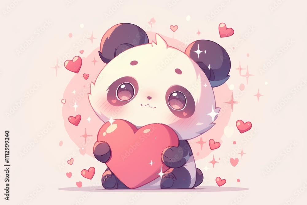 Cute panda holding a heart surrounded by sparkling hearts. Cute panda holding a heart surrounded by sparkling hearts.