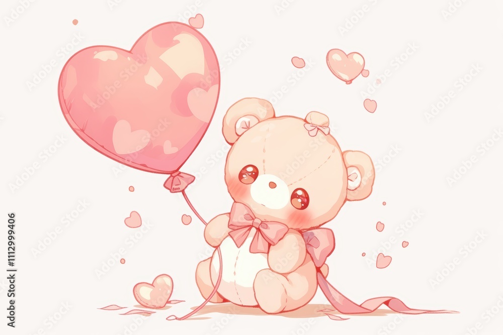 Cute teddy bear holding a heart balloon, surrounded by smaller hearts. Cute teddy bear holding a heart balloon, surrounded by smaller hearts.