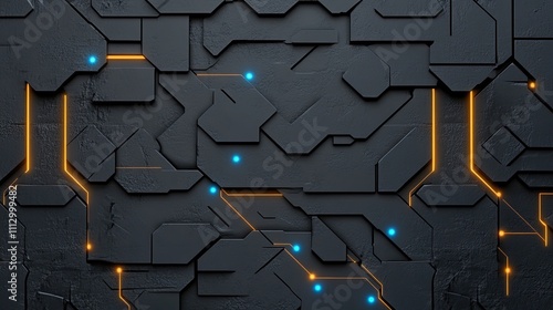 Close-up view of a rough rock texture featuring interconnected blue and orange glowing lines against a dark gray backdrop and starry sky