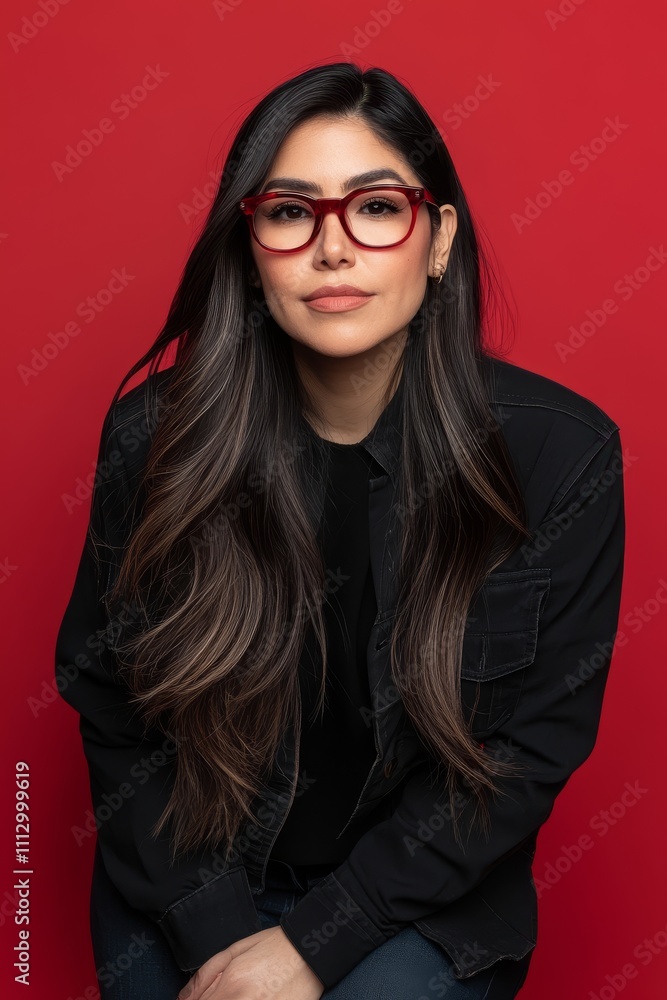 A stylish Hispanic woman with long dark hair, wearing red glasses against a vibrant red background, exuding confidence. A stylish Hispanic woman with long dark hair, wearing red glasses against a vibrant red background, exuding confidence.