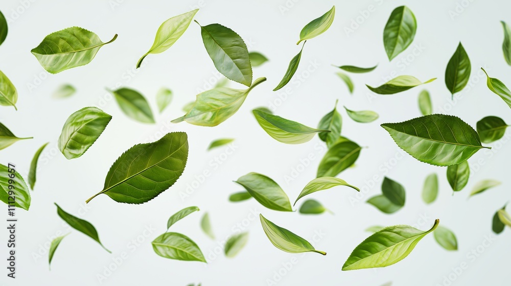 Naklejka premium Floating Green Tea Leaves in Midair Representing Organic Elegance, Nature’s Beauty, and Dynamic Movement in Minimalistic Design, Generative AI