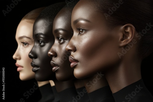 Five diverse women showcasing different skin tones and features, highlighting beauty in diversity against a black background. photo