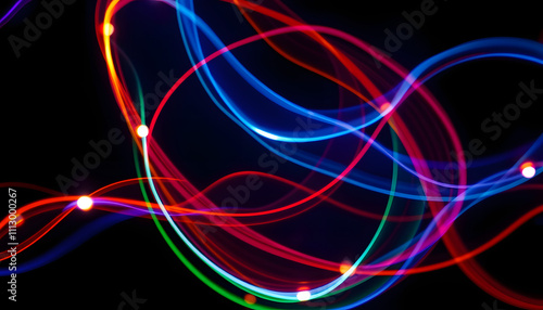 light painting photography, waves of vibrant color against a black background. Long exposure photo of vibrant fairy lights in abstract isolated with white highlights, png
