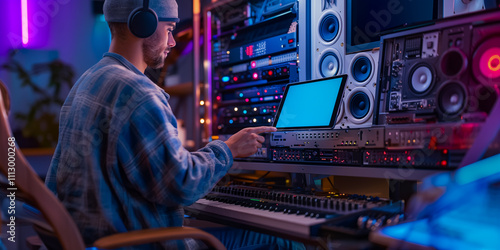 Man creating music in studio with laptop and audio equipment, a mockup screen on the desk. Male using tablet to control sound, with monitors. The laptop screen has blank space for mockups.