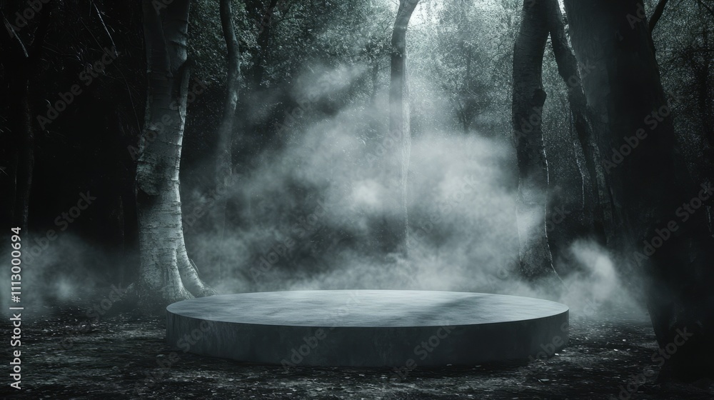 A black stone podium in the fog in the forest A black stone podium in the fog in the forest