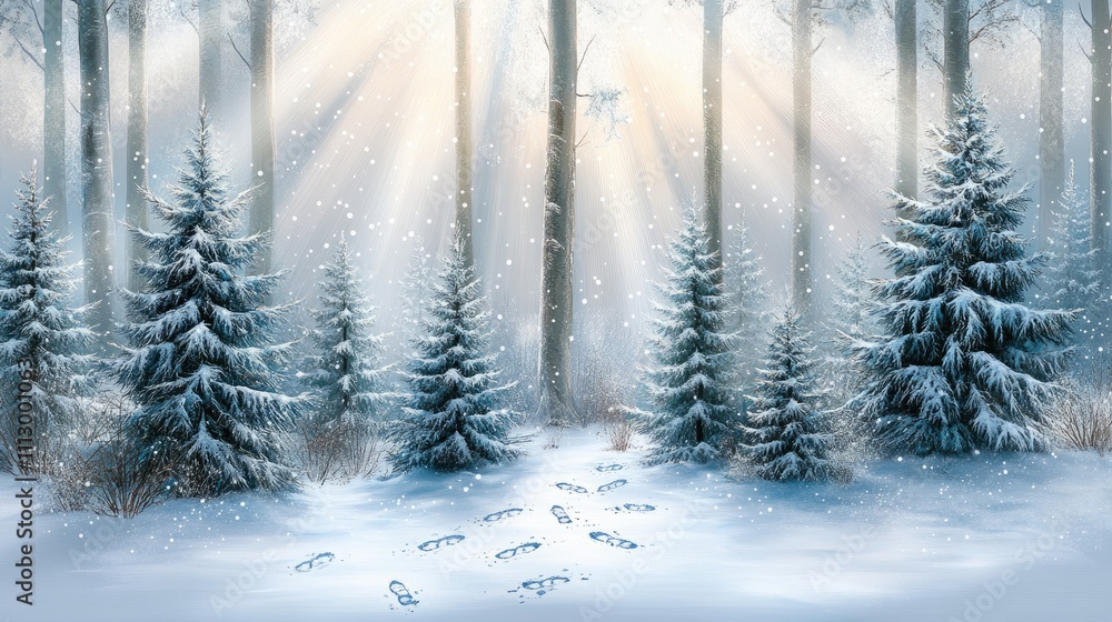 Fototapeta premium A serene winter scene captures a pine forest blanketed in snow, with crisp footprints marking the path through the tranquil wilderness