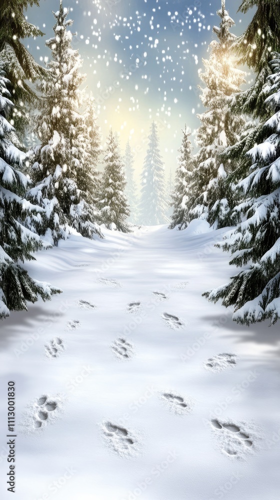 A serene winter scene captures a pine forest blanketed in snow, with crisp footprints marking the path through the tranquil wilderness A serene winter scene captures a pine forest blanketed in snow, with crisp footprints marking the path through the tranquil wilderness