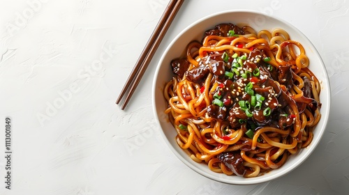 Korean food jajangmyeon wheat noodles and black soybean paste sauce, isolated on white background
