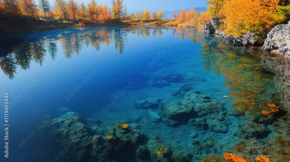 Clear blue lake with autumn trees reflecting on the surface, viewed from the lakea??s edge for a serene scene. Clear blue lake with autumn trees reflecting on the surface, viewed from the lakea??s edge for a serene scene.