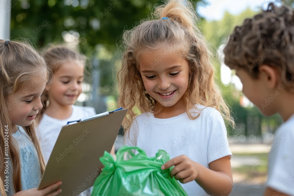 A group of cheerful children engaged in a community cleanup, collecting litter with smiles, showcasing teamwork and environmental consciousness among youth. A group of cheerful children engaged in a community cleanup, collecting litter with smiles, showcasing teamwork and environmental consciousness among youth.