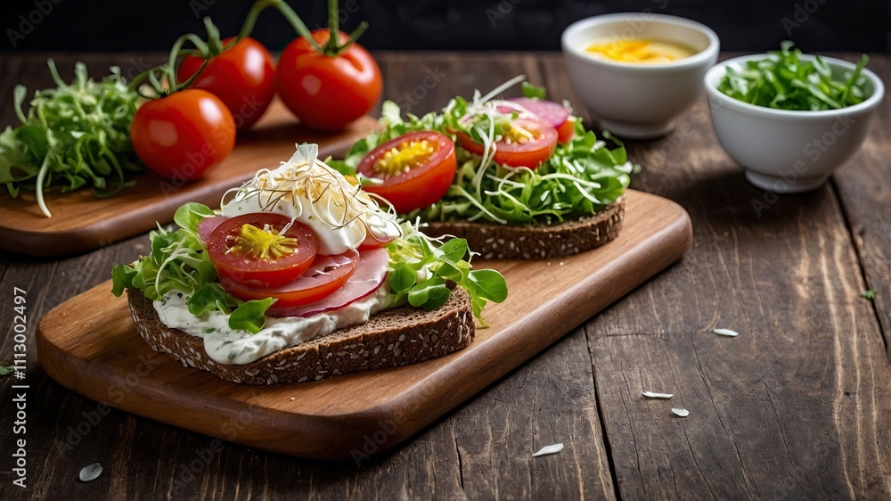 A healthy meal of whole wheat dark (brown) rye bread, curd cream cheese, radish, alfalfa sprouts, ham, cherry tomatoes and green A healthy meal of whole wheat dark (brown) rye bread, curd cream cheese, radish, alfalfa sprouts, ham, cherry tomatoes and green