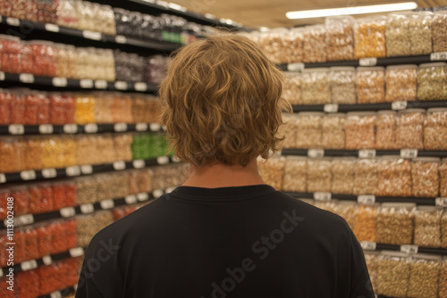 A man is looking at a shelf full of different colored bags of chips photo