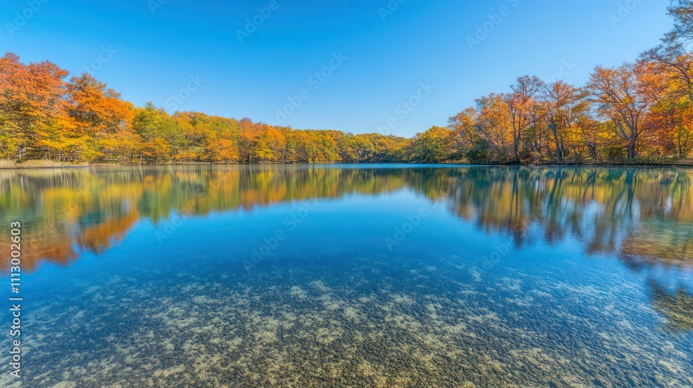 Clear blue lake with autumn trees reflecting on the surface, viewed from the lakea??s edge for a serene scene. Clear blue lake with autumn trees reflecting on the surface, viewed from the lakea??s edge for a serene scene.