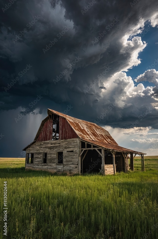 Abandoned barn with storm clouds converging overhead, nebraska, united states of america Abandoned barn with storm clouds converging overhead, nebraska, united states of america
