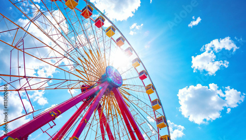 A vibrant ferris wheel with colorful hues under a sunny, blue sky.